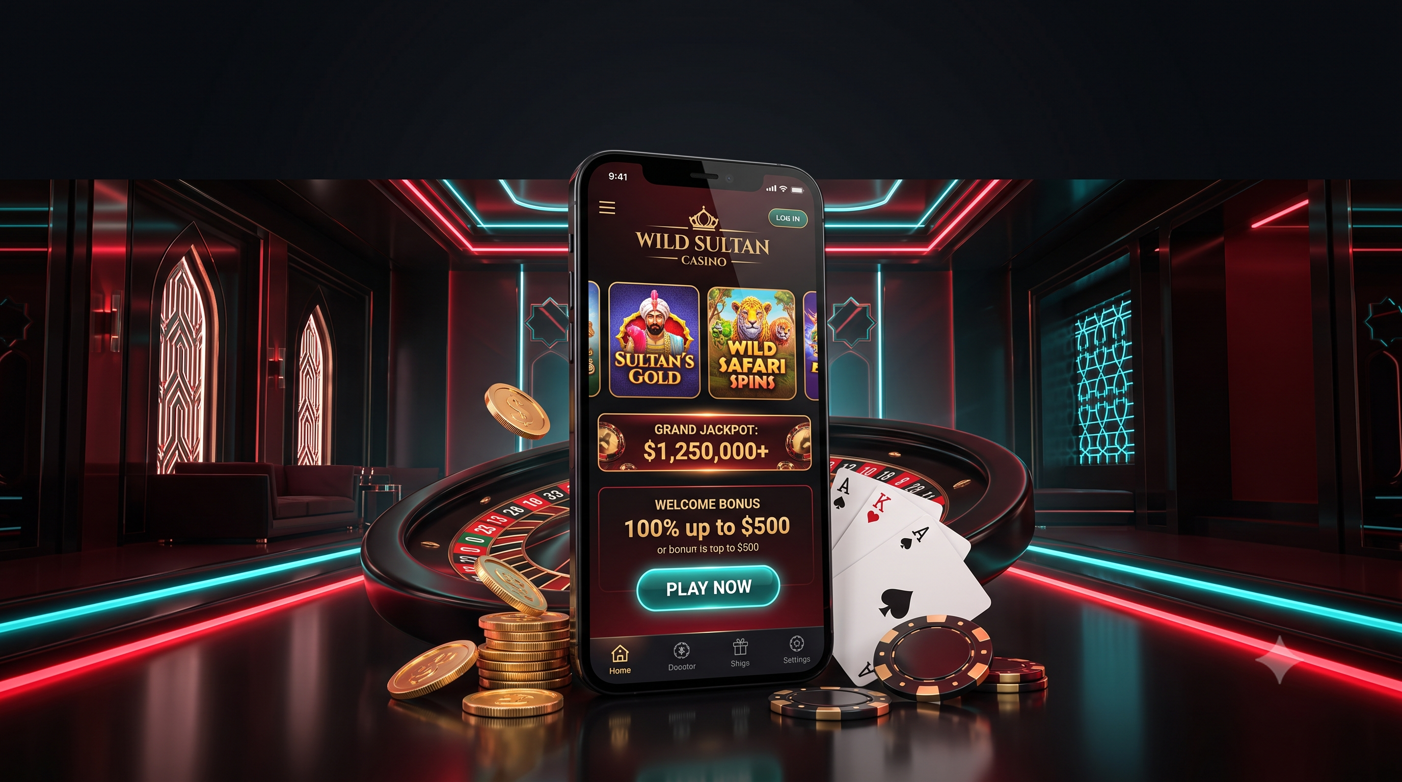 Interface de la page d'accueil de Wild Sultan Casino affichant les jeux et le thème du désert